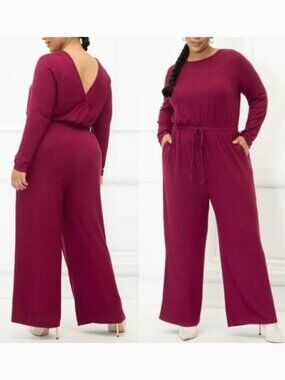 ELOQUII Elements Plus Size Wide Leg Jumpsuit Burgundy Maroon Red Long Sleeve 1X
